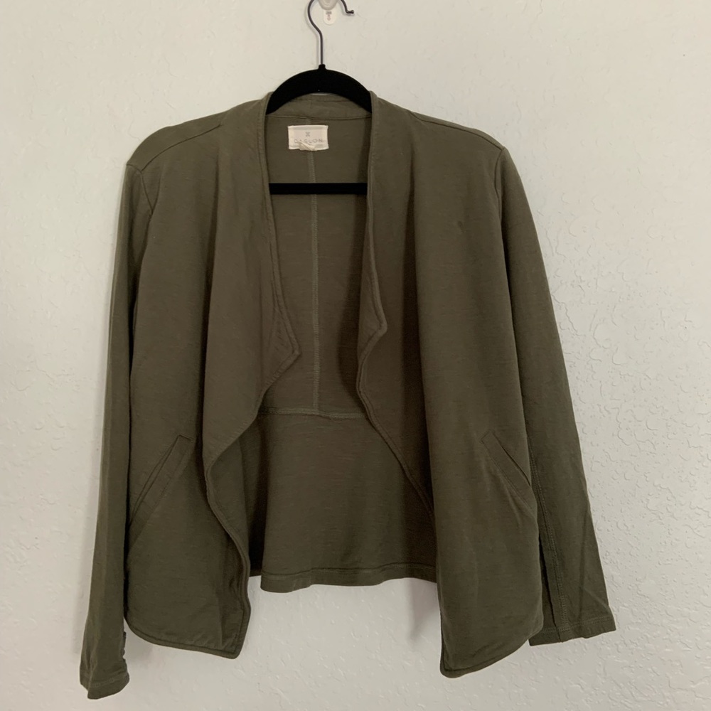 Caslon Womens Cardigan Size Medium Petite Army Green Raw Hem Look Pockets